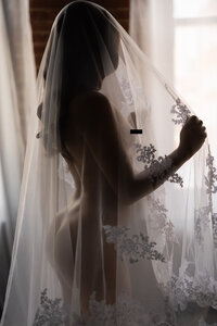 A dallas bridal boudoir session photograph of a bride covered with nothing except her wedding veil.