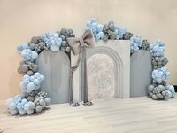 National Harbor balloon arch and backdrop light blue and grey