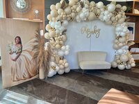 oh baby gold and white baby shower with giant photo and backdrop
