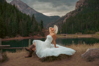 Cowgirl bride posing in front of lake- utah county photographer