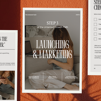 Close up of the Launching & Marketing Guide against and orange background with tree shadows.