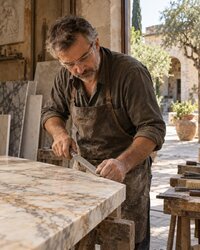 Experienced marble artisan hand-finishing a veined natural stone slab in a marble workshop in NY.