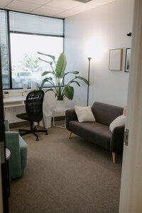 therapy office with love seat, desk and chair, and plant.