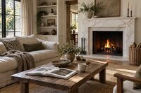 Warm, inviting living room featuring a white marble fireplace with gold veining, a rustic wood coffee table, and natural textures.