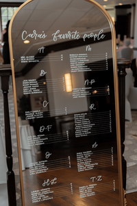 Elegant custom wedding seating chart designed by Use Your Words by Nyssa featuring hand-lettered guest names for a New Jersey wedding.