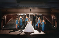 Bride and bridesmaids in blue dresses celebrating at an Orlando wedding