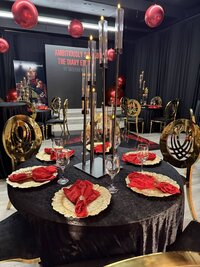black, gold, red, luxury tablescape
