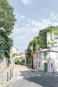 Charming hillside street in France lined with colorful buildings, trees, and Mediterranean scenery