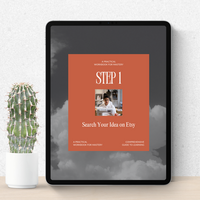 ipad mockup of the Etsy DIgital Product Research Kit against a white background next to a small cactus