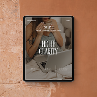 ipad mockup against a terracotta background of a workbook designed to help entrepreneurs find their audience