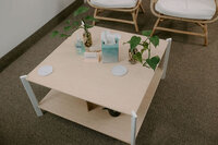 Coffee table with tissues, plants, and business cards on it.