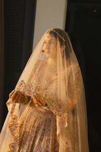 South Asian bride in ornate gold lehenga and sheer dupatta gazes away in warm moody light