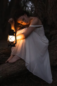 Girl sits on tree with a lantern- utah county photography