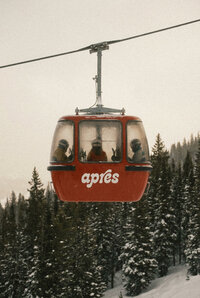 Powder - Red aerial tramway ascending snowy forested mountain slope - TVS