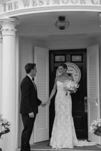 bride walking out to groom at first look at westmoor club