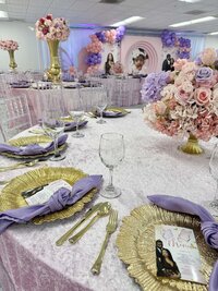 light purple and pastel pink tablescape for baby shower