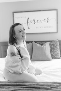 Black and white photograph of a Studio Roscher female boudoir client in Richmond, VA