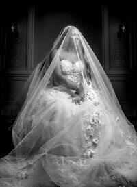 Black and white portrait of a bride in her gown and veil at an Orlando wedding