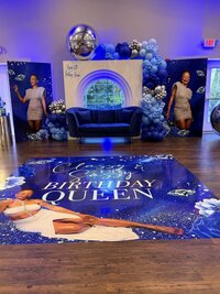 luxury birthday decor, blue and silver balloons and backdrop