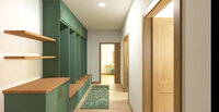 CanB Design-Warm & Bold Render Project- mudroom-green cabinets-warm woods-render