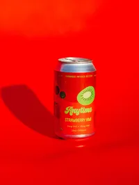 Anytime drink with kiwi on the red logo sitting on red backdrop with shadow