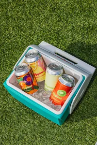 Aqua color cooler open with ice and with four Anytime cans, sitting on top of grass