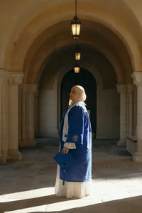 Human in archways of college building with blue graduation gown and holding blue graduation cap