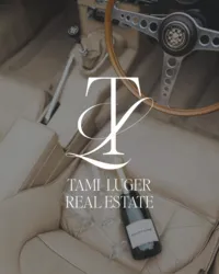 Tami Luger Real Estate monogram and logo displayed over an editorial photograph of a vintage car interior.
