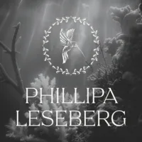 Phillipa Leseberg hummingbird brandmark surrounded by a botanical wreath over dark atmospheric imagery.