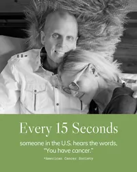 Phillipa Leseberg social media graphic featuring a photograph of Phillipa and Eric with an American Cancer Society statistic.
