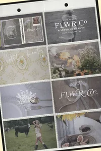 FLWR Co brand collateral arranged in a grid of floral photography and logo applications