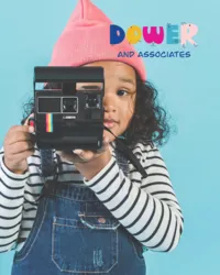 Dower & Associates logo paired with playful brand imagery of a child holding a vintage camera.