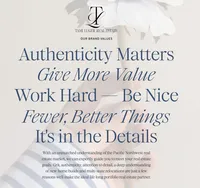 Tami Luger Real Estate brand values graphic featuring the principles Authenticity Matters, Give More Value, Work Hard Be Nice, Fewer Better Things, and It's in the Details.