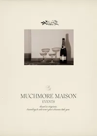 Muchmore Maison Events printed piece with a black-and-white photograph of champagne glasses