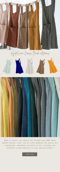 Crème de la Crème website feature showcasing a collection of colorful French linen aprons.