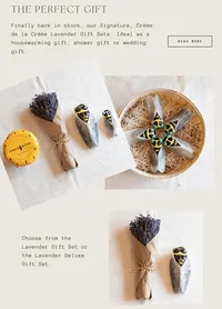 Crème de la Crème website feature showcasing French lavender gift sets and ceramic cicadas.