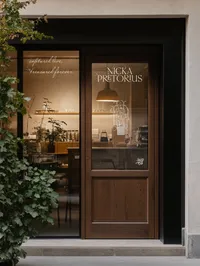 Nicka Pretorius Fine Art storefront at dusk, with the wordmark, a floral NP monogram, and "captured live, treasured forever." lettered in cream on the glass
