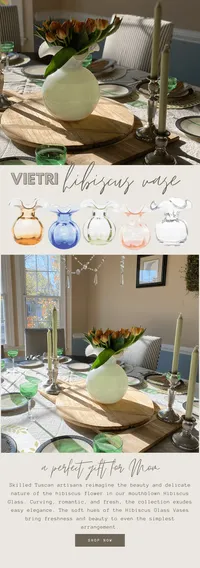Crème de la Crème website feature showcasing colorful Vietri Hibiscus glass vases.