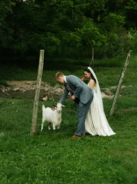 Dan petting a white goat while Tessa holds him in a green pasture at Stonehill's Farmhouse, Hudson Valley farm wedding
