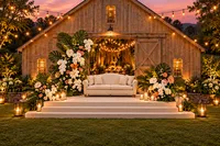barn-wedding-couple-stage-tropical-flowers
