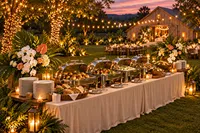 barn-wedding-food-buffet-string-lights