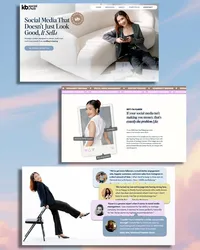 Website design mockup for KB Social Hub featuring the headline "social media that doesn't just look good, it sells," with service sections for social media management, content and engagement, and content strategy and creation