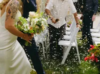 Colourful wedding party portrait by Salish Coast Photography