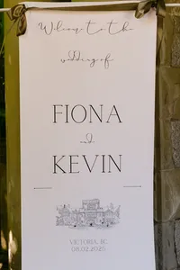 Welcome sign for Fiona and Kevin at Hatley Castle