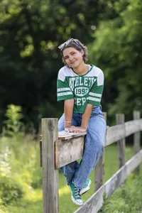 college tee short senior pictures girl on fence Indiana senior pictures