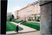 Guest crossing the lawn in front of Worcester College Oxford, 35mm film