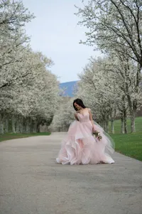 Bride in a blush pink wedding gown beneath flowering trees in West Virginia, photographed by Amberlee Christey.