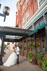 Bride and groom outside The Blennerhassett Hotel in Parkersburg, West Virginia, photographed by Amberlee Christey.