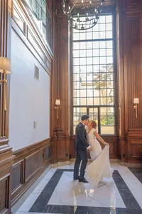 Bride and groom inside Hotel Morgan in Morgantown, West Virginia, photographed by Amberlee Christey.