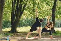 Two people doing a standing yoga stretch together under tall trees in a sunny park